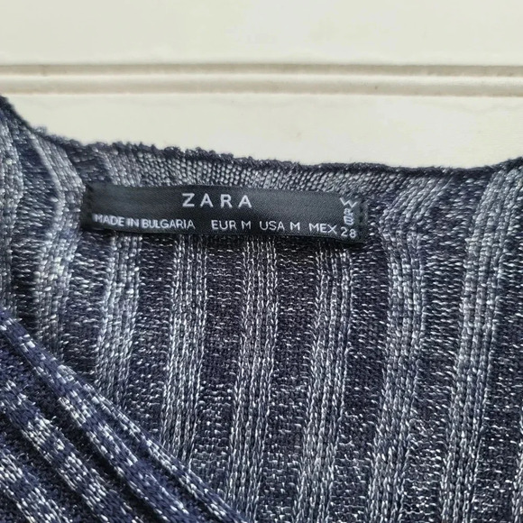 ZARA Womens Navy BLUE Silver Metallic KNIT V-NECK Mink DRESS Long Sleeve Sz M - Picture 8 of 14